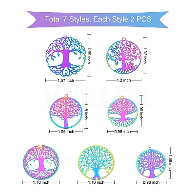 14Pcs 7 Styles Ion Plating(IP) 201 Stainless Steel Filigree Pendants STAS-SZ0002-34-1