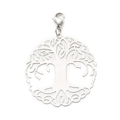 Tarnish Resistant Flat Round with Tree of Life 201 Stainless Steel Filigree Pendant Decorations HJEW-JM00573-03-1