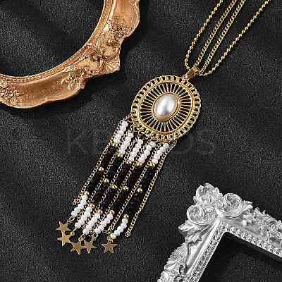 Bohemian 304 Stainless Steel & Imitation Pearl Oval Pendant Necklaces NJEW-Z061-10G-02-1