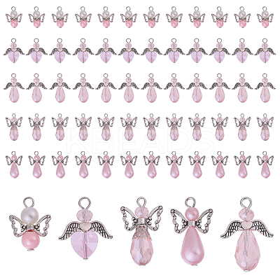 60Pcs 5 Styles Tibetan Style Alloy Butterfly Bead & ABS Plastic Pearl & Glass Pendants PALLOY-CA00015-1