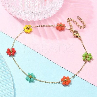 304 Stainless Steel & Synthetic Stone Daisy Flower Chain Anklets for Women AJEW-B031-01G-03-1