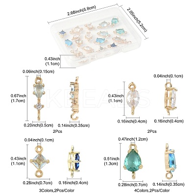 18Pcs 9 Styles Brass Pave Transparent Glass Links/Connectors GLAA-FS0002-34-1