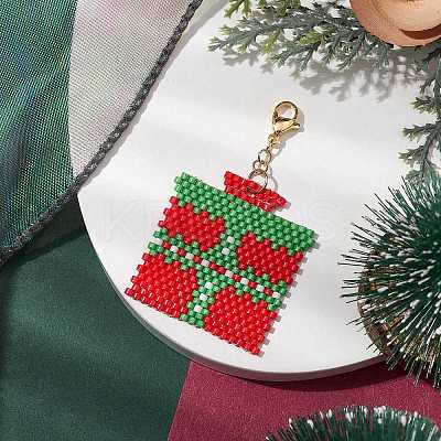 Christmas Gift Box Glass Seed Pendant Decoration HJEW-JM02107-1