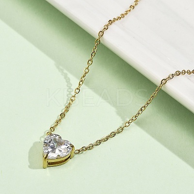 304 Stainless Steel Crystal Cubic Zirconia Heart Pendant Necklaces for Women NJEW-Z064-03G-1