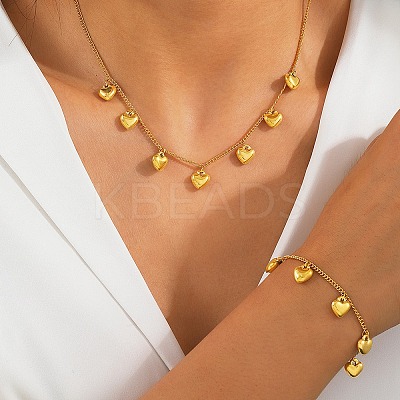 304 Stainless Steel Heart Pendant Curb Chain Necklaces & Bracelets Sets for Women SJEW-F225-02G-1