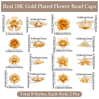 16Pcs 8 Styles Brass Bead Caps KK-BBC0023-52-1