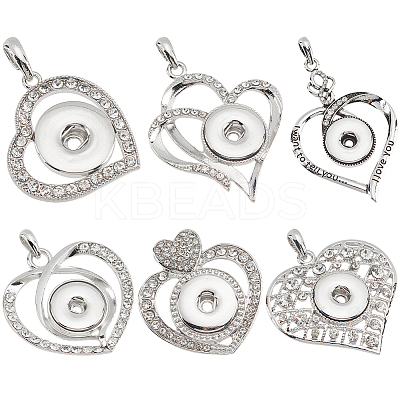 6Pcs 6 Style Heart Alloy Rhinestone Hang Snap Base Big Pendants ALRI-PH0001-29-1