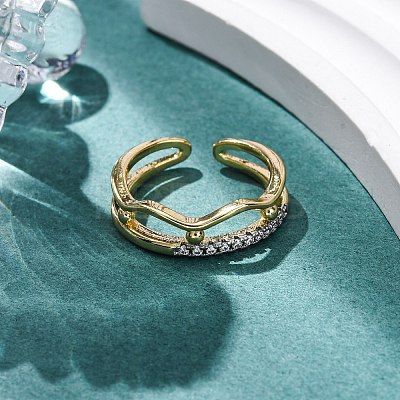 Brass Micro Pave Clear Cubic Zirconia Cuff Finger Rings for Women RJEW-C116-14G-1