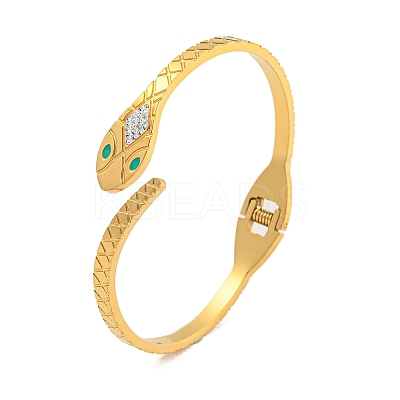 Snake 304 Stainless Steel Rhinestone Open Cuff Bangles for Women BJEW-P327-01A-G-1