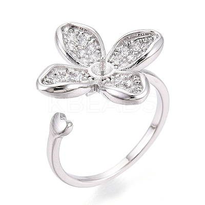 Flower Brass Micro Pave Clear Cubic Zirconia Cuff Ring Settings KK-T076-70P-1