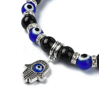Natural Black Onyx & Rhinestone & Evil Eye Beaded Stretch Bracelets BJEW-TA00448-1