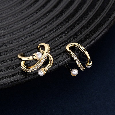 Brass Micro Pave Clear Cubic Zirconia C-Shaped Cuff Earrings LS-EJEW-D328-08G-1