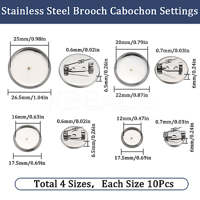 40Pcs 4 Size 304 Stainless Steel Brooch Cabochon Settings STAS-SC0007-63-1