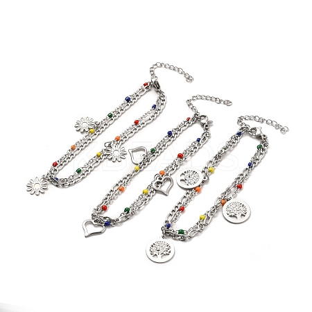 Colorful Enamel Beaded & Figaro Chains Double Layer Multi-strand Bracelet BJEW-C025-04P-1