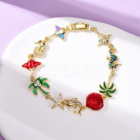 Ocean Theme Brass Cubic Zirconia with Enamel Link Bracelets for Women BJEW-F514-01A-G-1