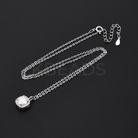 925 Sterling Silver Pave Clear Cubic Zirconia & Crystal Rhinestone Square Pendant Necklaces NJEW-T018-60P-1