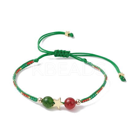 Christmas 8mm Round Dyed Natural Malaysia Jade & Natural Carnelian & Glass Seed Beads Braided Bead Bracelets BJEW-MZ00070-01-1