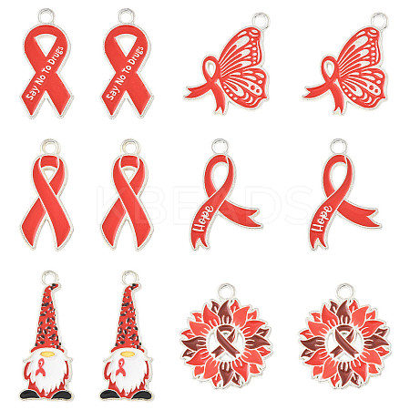 14Pcs 6 Styles No To Drugs Red Awareness Ribbon Theme Alloy Enamel Pendants ENAM-FS0003-47-1