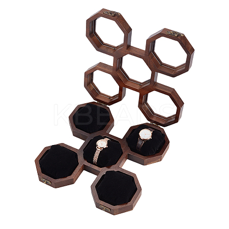 1Pcs 5-Slot Octagonal Acacia Wood Plexiglass Visible Window Watch Organizer Boxes CON-OC0001-72-1