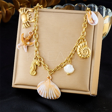 304 Stainless Steel & Natural Cowrie Shell Pendant Bib Necklaces for Women NJEW-A050-02G-1