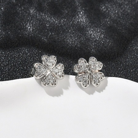 Clover Brass Micro Pave Clear Cubic Zirconia Stud Earrings EJEW-F383-09P-1