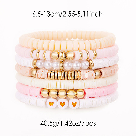 7Pcs Heart Pattern Polymer Clay & Plastic Pearl & CCB Plastic Beaded Stretch Bracelet Set for Women FS-WG634BB-05-1