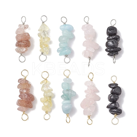 10Pcs 5 Styles Constellation Natural Citrine & Black Tourmaline & Aquamarine & Strawberry Quartz & Rose Quartz Copper Wire Wrapped Chip Beaded Connector Charms PALLOY-JF02905-01-1