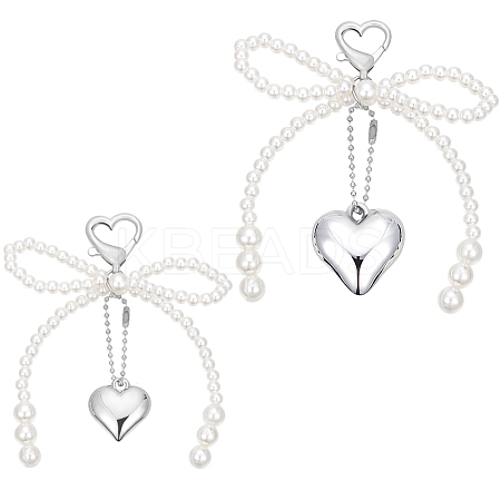 2Pcs 2 Styles Heart & Bowknot Acrylic Imitation Pearls Pendant Decorations HJEW-BBC0001-04-1