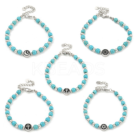 304 Stainless Steel & Synthetic Turquoise Round Beaded Bracelets for Women BJEW-G717-10-1