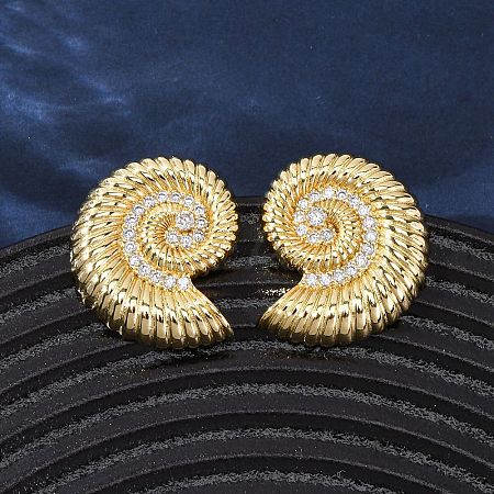 Brass Micro Pave Clear Cubic Zirconia Conch Stud Earrings EJEW-H165-07G-1
