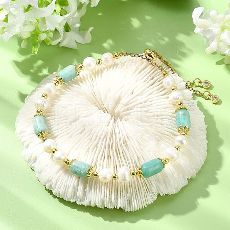 Adjustable Natural Amazonite& Cultured Freshwater Pearls Beads  Slider Bracelets for Women BJEW-JB14030-01-1