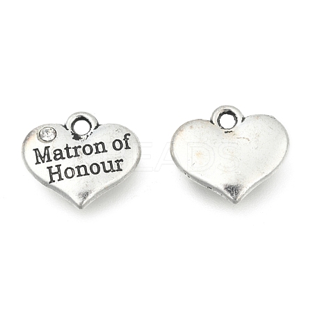 Wedding Theme Antique Silver Tone Tibetan Style Heart with Matron of Honour Rhinestone Charms X-TIBEP-N005-07C-1