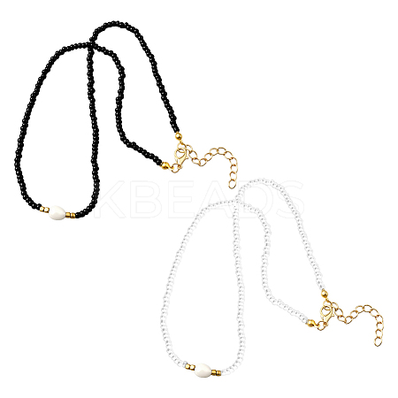2Pcs 2 Color Rice Natural Pearl & Glass Seed Beaded Necklaces for Women NJEW-GO0001-04B-1