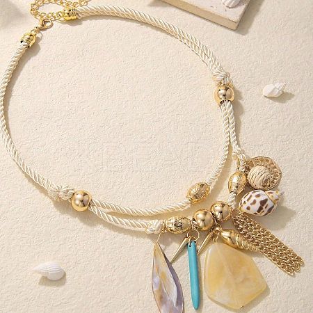 Bohemian Alloy Chain & Round CCB Plastic & Natural Shell Pendant Cotton Cord Bib Necklaces for Women FS-WGD6F52-01-1
