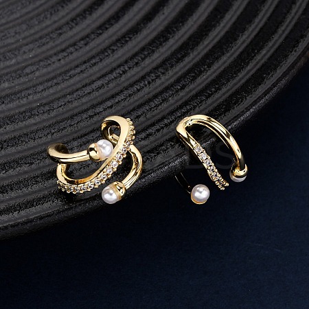 Brass Micro Pave Clear Cubic Zirconia C-Shaped Cuff Earrings LS-EJEW-D328-08G-1