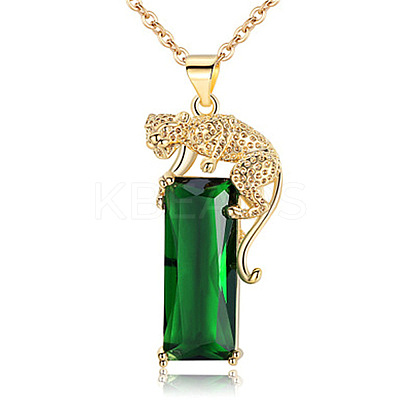 Rectangle with Leopard Alloy Fern Green Rhinestone Pendant Necklaces FS-WG97C8C-01-1