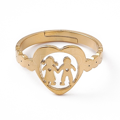 Ion Plating(IP) 201 Stainless Steel Heart with Lovers Adjustable Ring for Valentine's Day RJEW-K238-11G-1
