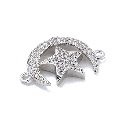 Rack Plating Brass Micro Pave Clear Cubic Zirconia Moon with Star Connector Charms KK-A234-056P-1