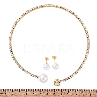 Round Plastic Imitation Pearl Stud Earrings & Rhinestone Cuff Choker Necklaces Sets SJEW-U003-11G-1