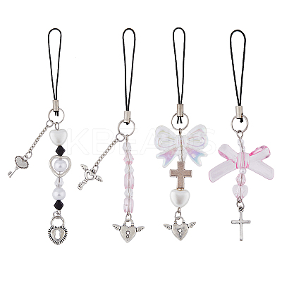 Acrylic Bowknot Heart Pearl Mobile Straps HJEW-PH01890-1