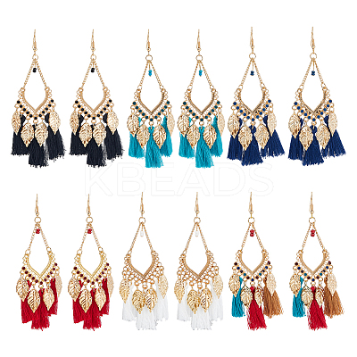 6 Pairs 6 Colors Leaf & Cotton Tassel Chandelier Earrings EJEW-FI0003-14-1