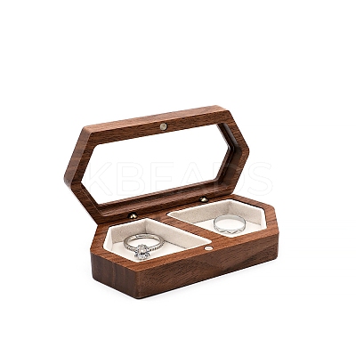 2-Slot Hexagon Walnut Wood Magnetic Wedding Ring Gift Case PW-WG25060-02-1