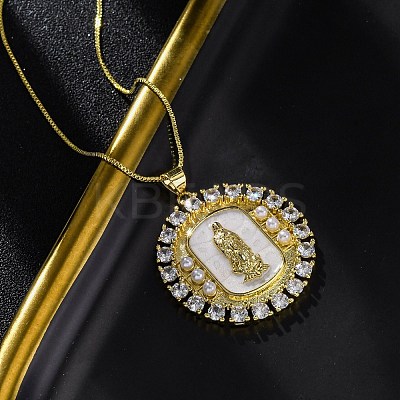 Brass Clear Cubic Zirconia Flat Round with Virgin Mary Pendant Necklaces NJEW-C071-07B-G-1