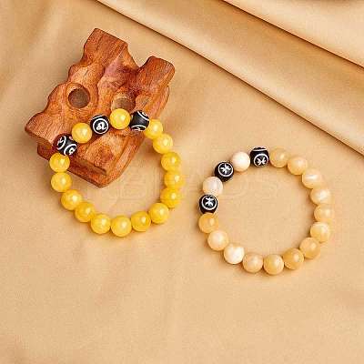 Natural Yellow Jade Round Beaded Stretch Bracelet BJEW-SW00077-01-1