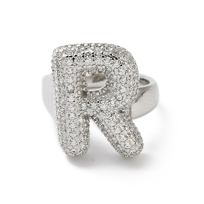 Letter Brass Micro Pave Clear Cubic Zirconia Open Cuff Ring for Women RJEW-N046-03R-P-1