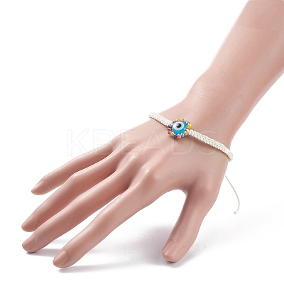 Flat Round with Evil Eye Glass & Resin Braided Bead Bracelet for Women BJEW-JB08077-1
