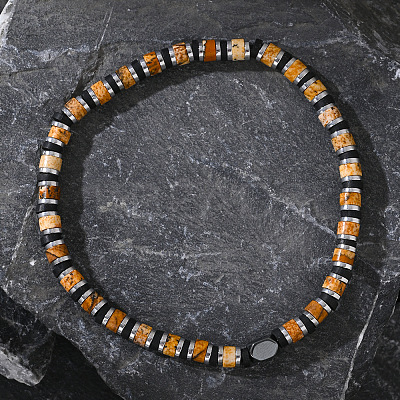 Natural Picture Jasper & Synthetic Non-magnetic Hematite Beads Stretch Bracelets for Men LS-NY6374-1