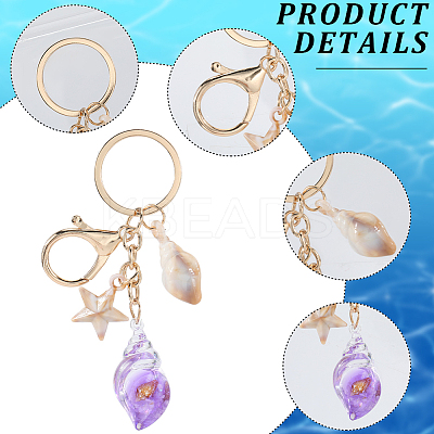 6Pcs 6 Colors Luminous Acrylic Conch Starfish Pendants Keychain AJEW-SP0001-42-1