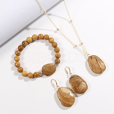 Oval Alloy with Natural Picture Jasper Pendant Necklaces & Beaded Bracelets & Dangle Earrings Sets WGD3DFC-04-1