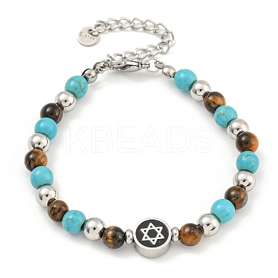 Star of David 304 Stainless Steel & Synthetic Turquoise & Natural Tiger Eye Round Beaded Bracelets for Women BJEW-G717-07P-1